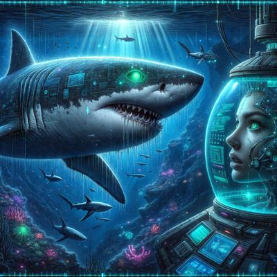 The primary subject of the image is a woman wearing a space suit, with a shark in the background. The setting is an underwater environment, possibly a futuristic aquatic world. The visual style is digital art, with the woman and shark depicted in a detailed and vibrant manner. The colors and mood of the image are predominantly blue and green, creating a sense of depth and tranquility.